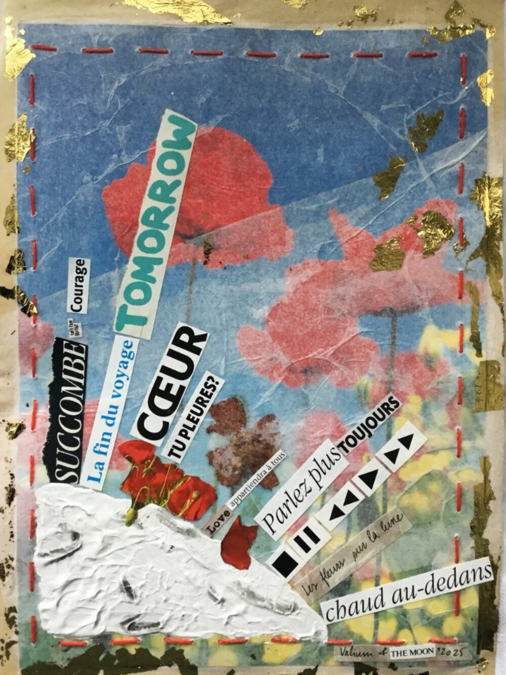Collage on reproduction mounted on silk and butcher's papers 11 X 7 1/2 inch